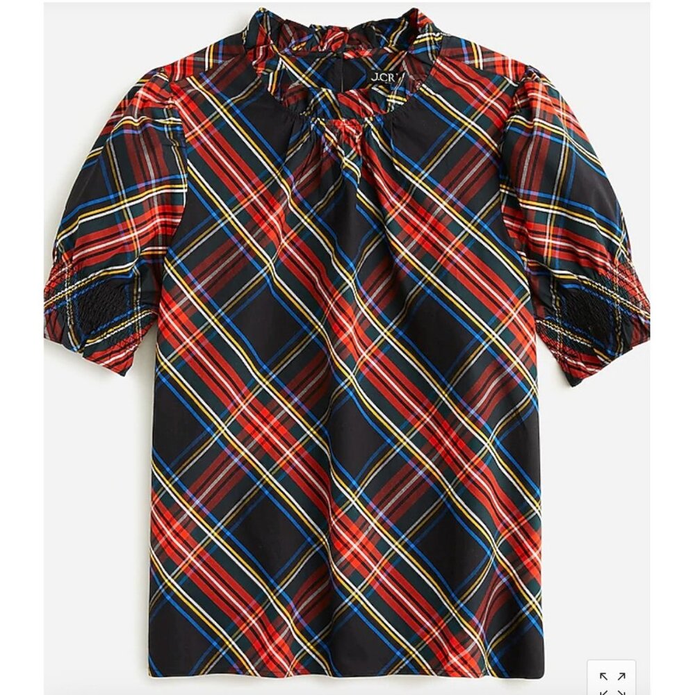 J.Crew Smocked Puff Sleeve Cotton Shirt Stewart Tartan Size XXS BN162